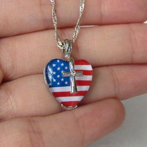 American Flag Cross Heart Pendant Necklaces Patriotic Jewelry Religious